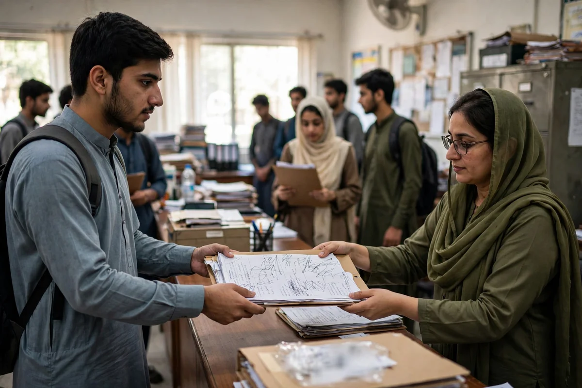 A student handing a folder of admission documents to staff at a university office counter