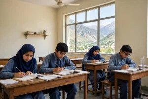 Pakistani school students studying in a classroom with mountains outside the window