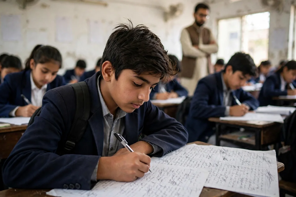 A Pakistani school student writing answers on a filled exam sheet in an exam hall