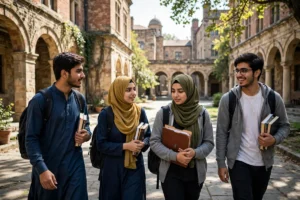 Pakistani university students with backpacks and books walking across a campus courtyard