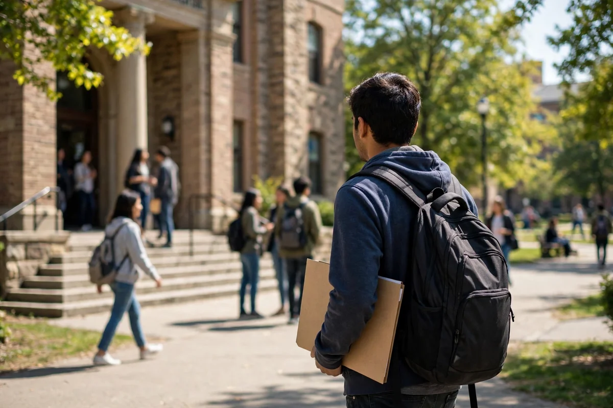 A student with a backpack and folder outside a university administrative building