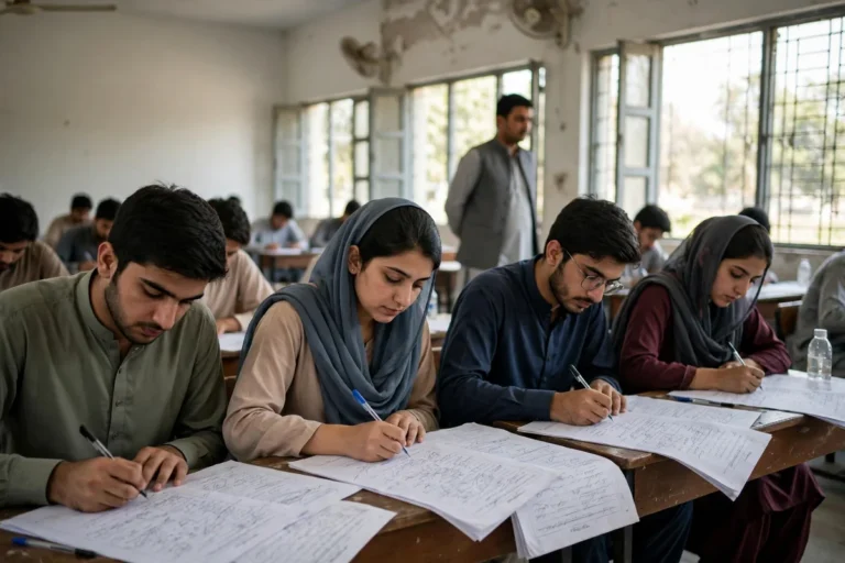 Pakistani students writing on answer sheets in an examination hall