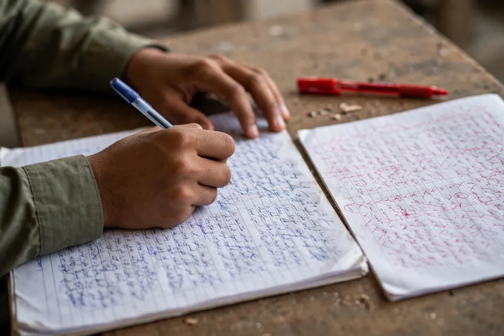 A student's hands writing on a filled answer sheet beside a red-marked page