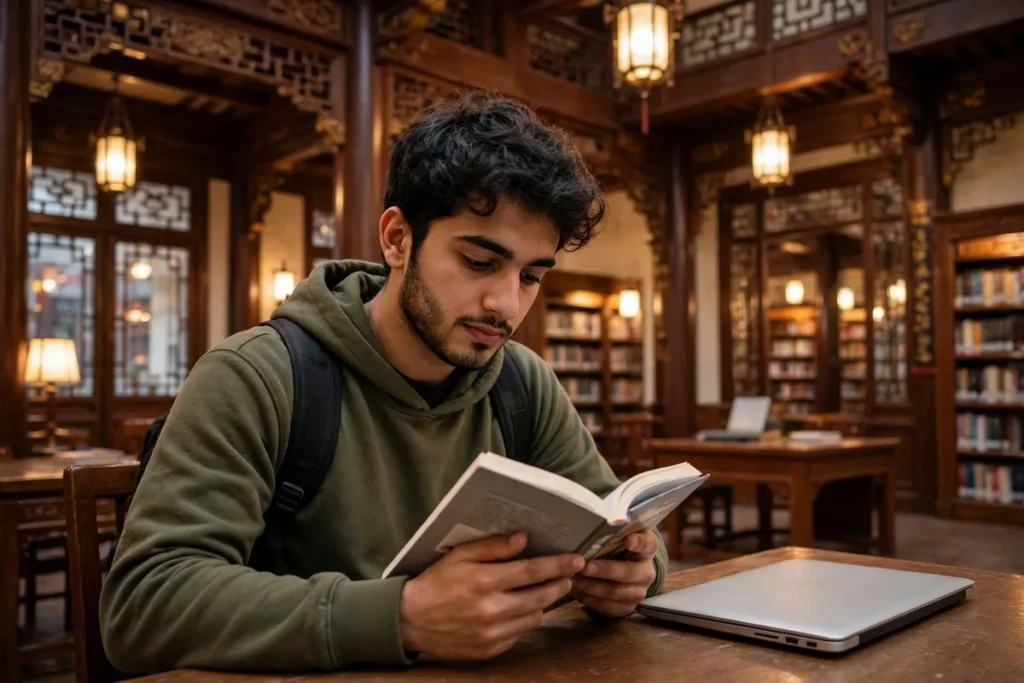 A Pakistani postgraduate student reading a book in a university library