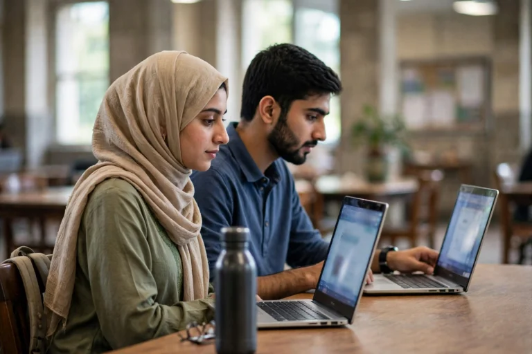 Two Pakistani university students in a hall, each working on their own laptop