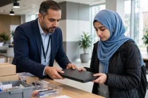 A young Pakistani female university student in a sky-blue hijab receiving a closed laptop from an official at a university distribution desk