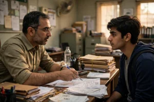 An official discussing printed forms with a student at a board office desk