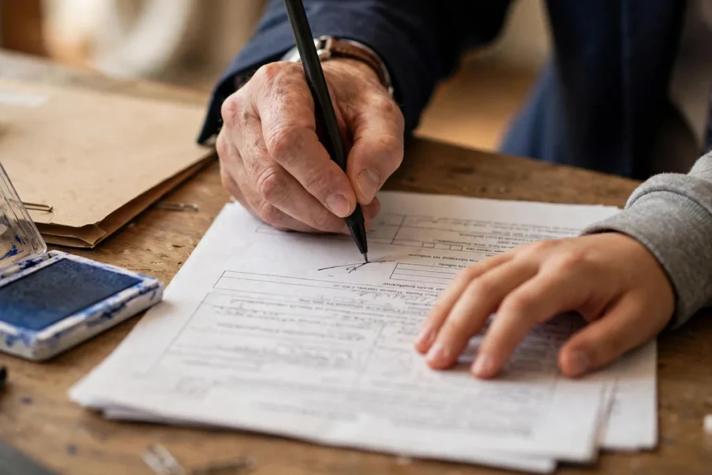 An official's hand correcting a printed form beside a student's hand