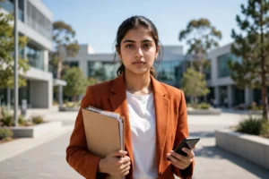 A young Pakistani female graduate in a rust-orange blazer walking toward the camera on a modern campus with a documents folder and phone