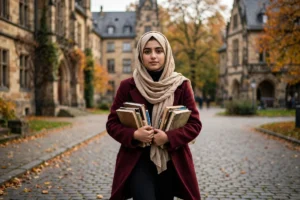 A young Pakistani female graduate student walking toward the camera on a historic university campus in Germany