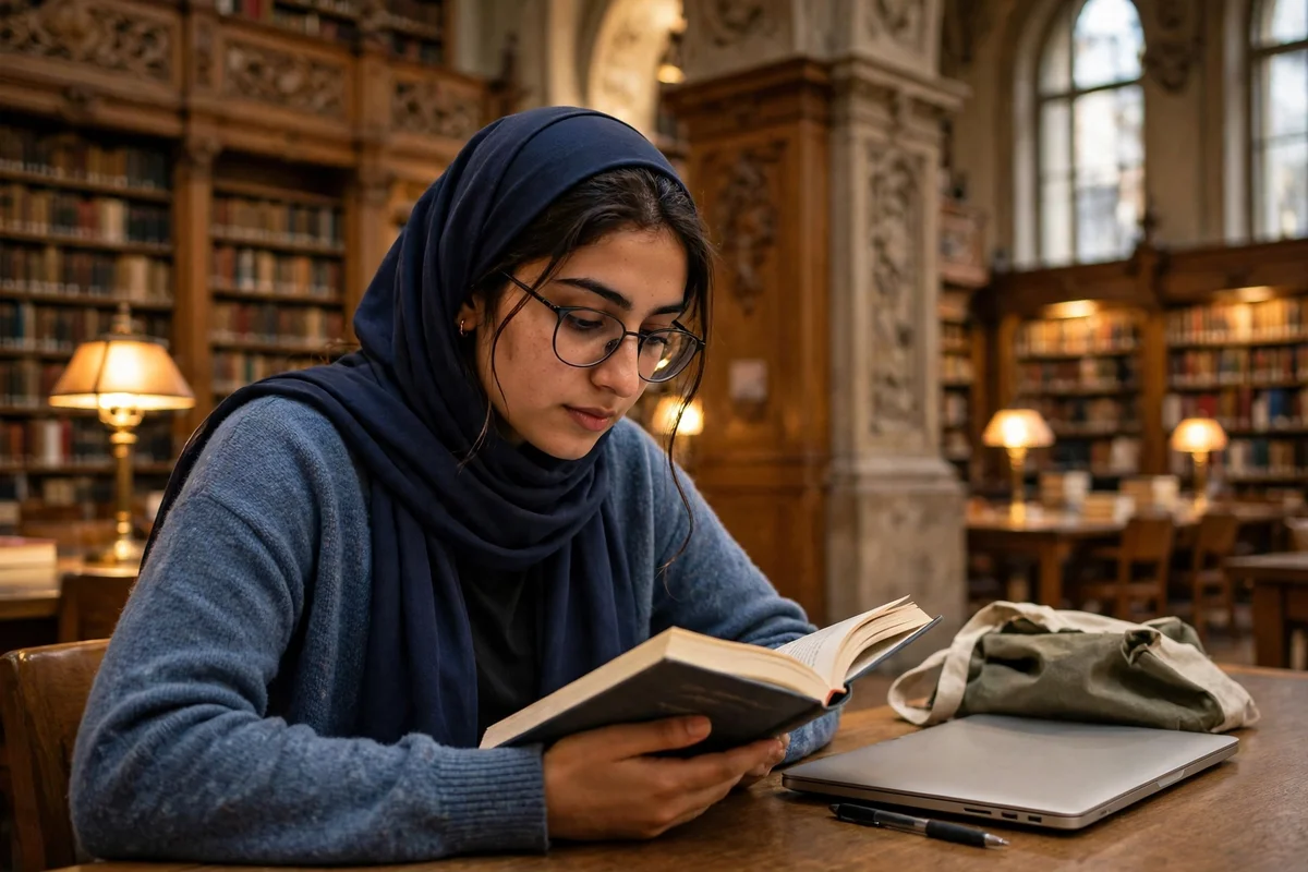A Pakistani postgraduate student reading a book in a university library