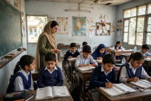 Pakistani schoolchildren studying in a classroom with their teacher