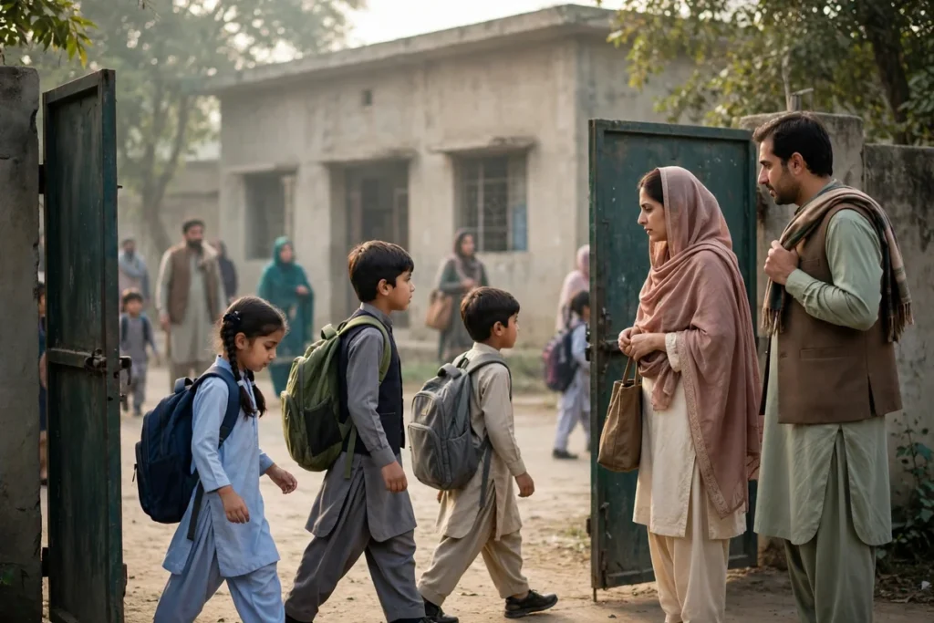 Schoolchildren with backpacks entering a school gate with their parents
