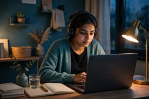 A person wearing headphones working on a laptop at a desk