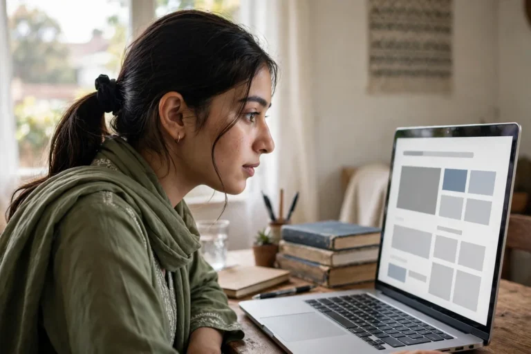 A young Pakistani female student learning an online course on a laptop at home