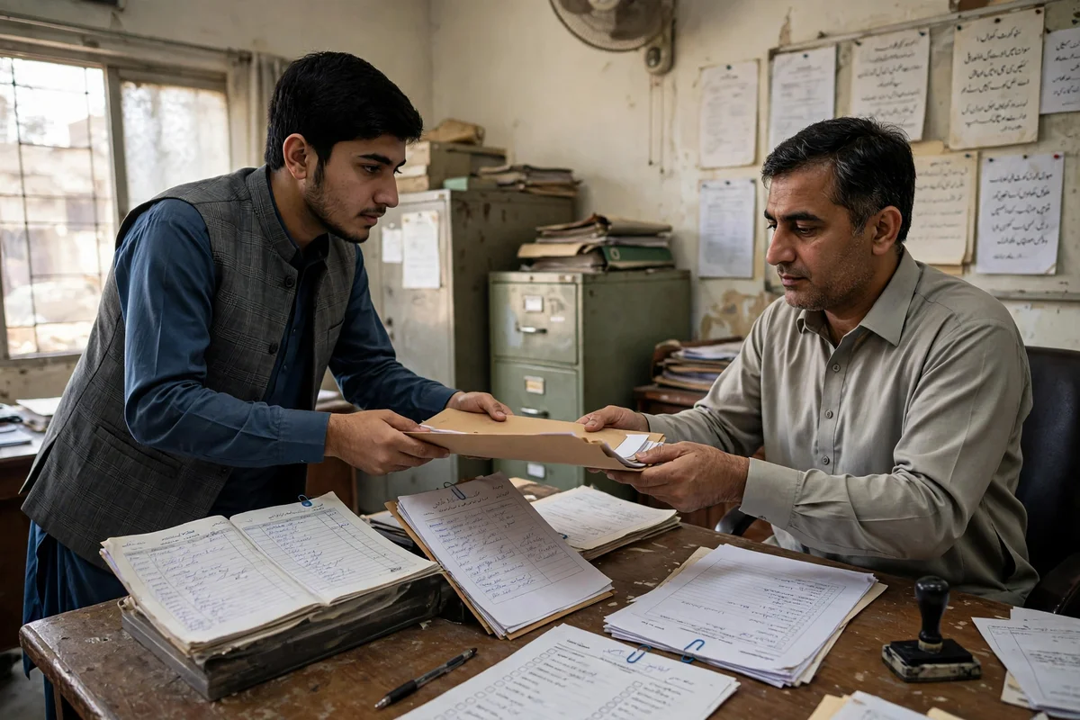 An applicant handing a folder of documents to an official at a government office counter