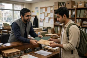Office staff handing a sealed envelope and folder to a student at a counter
