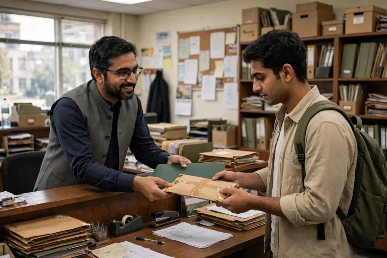 Office staff handing a sealed envelope and folder to a student at a counter