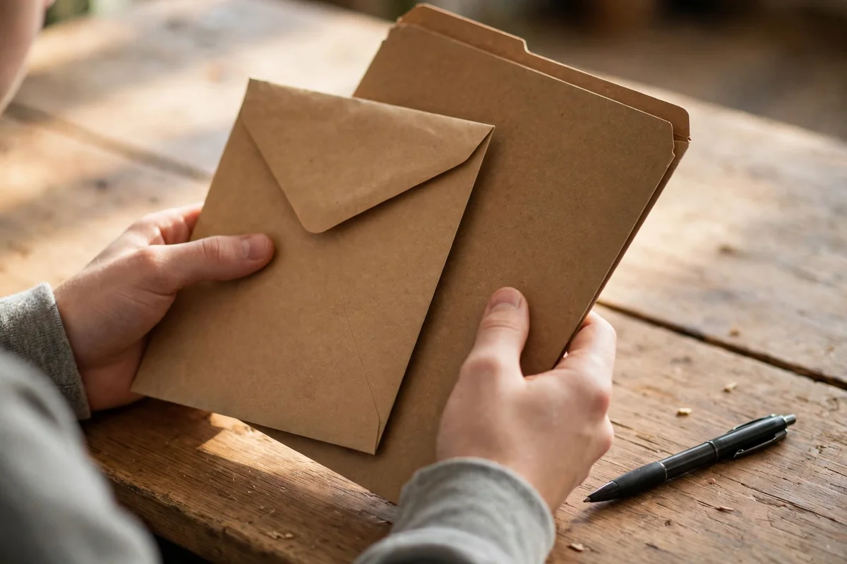 A student's hands holding a sealed envelope and documents folder