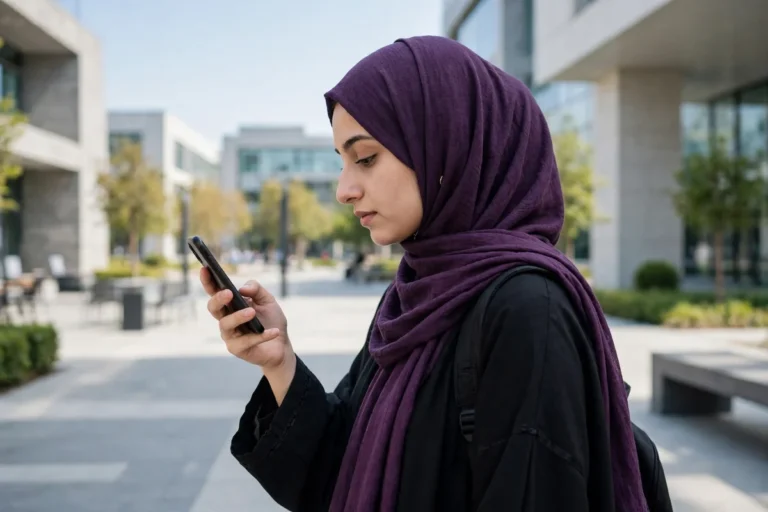 A young Pakistani female university student in a purple hijab checking her phone on a modern university campus