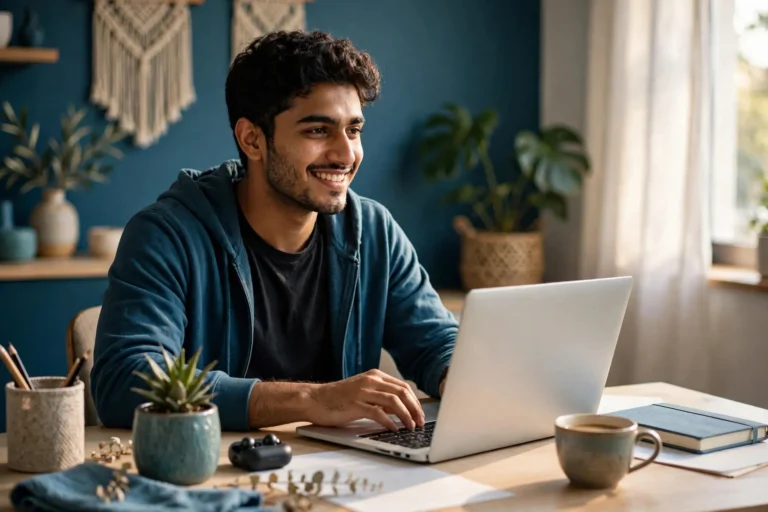 A young man working on a laptop at a desk in an office
