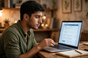 Young Pakistani man looking cautiously at an open laptop showing a registration form