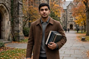 A young Pakistani male graduate student walking toward the camera on a historic university campus in the United States