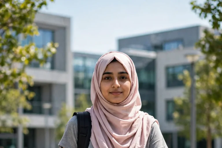 A young Pakistani woman in a light pink hijab and grey dress walking toward the camera on a modern campus with a laptop bag