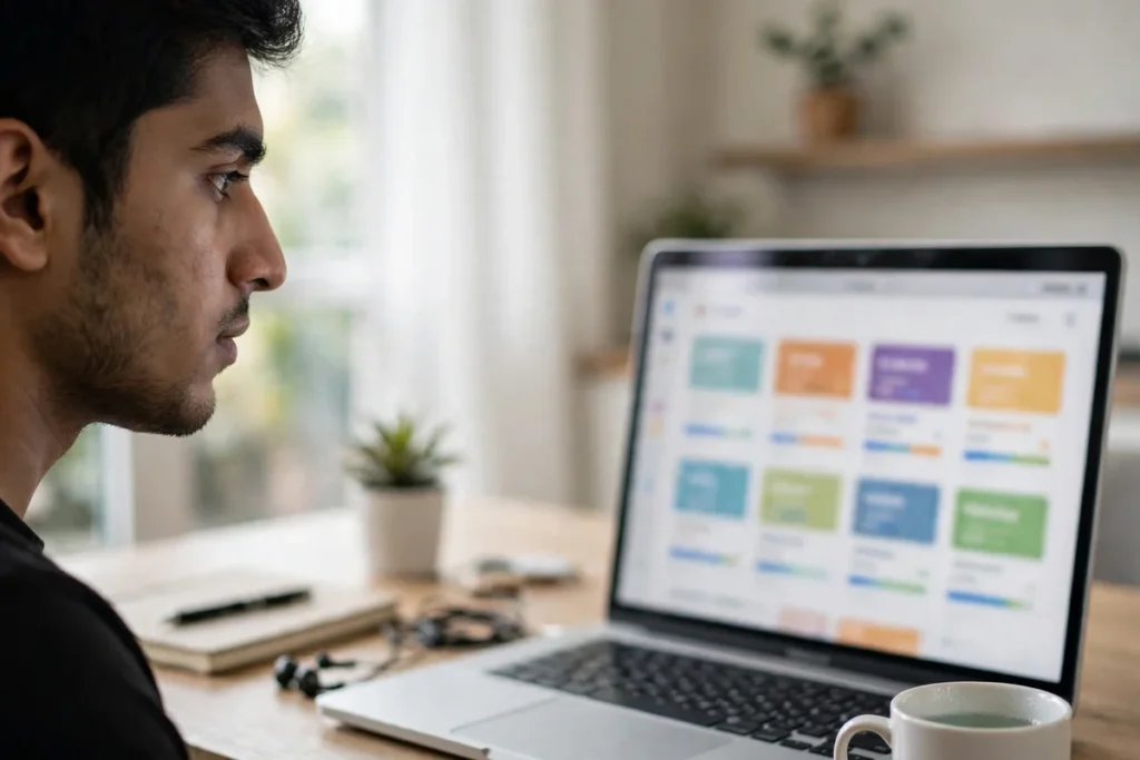 A young Pakistani man studying an online course on a laptop showing a learning interface at a home desk