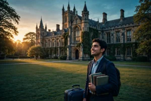A student standing in front of a historic university building at sunset