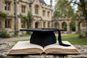 Graduation cap on an open book in front of a historic university building