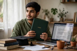 A graduate holding a degree folder beside a laptop