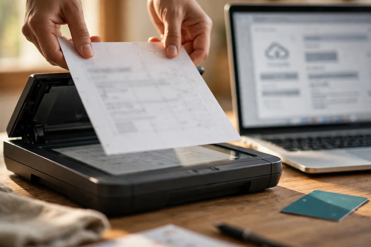 Hands scanning a degree document beside a laptop showing an upload page