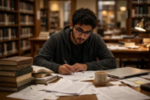 A young Pakistani PhD researcher working with books and papers in a university library