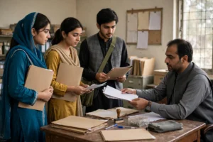 Pakistani students with documents at a scholarship office.