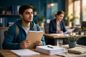 A student holding documents and smiling on a university campus