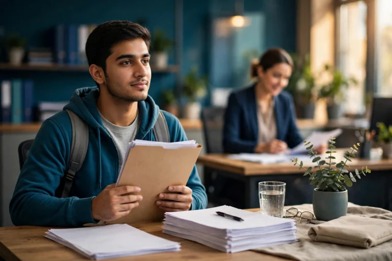 A student holding documents and smiling on a university campus