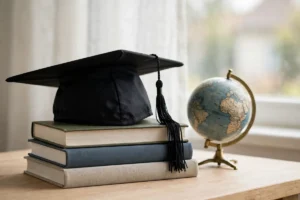 Graduation cap on a stack of books beside a globe, for overseas study