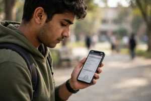 A Pakistani student checking a result on a smartphone