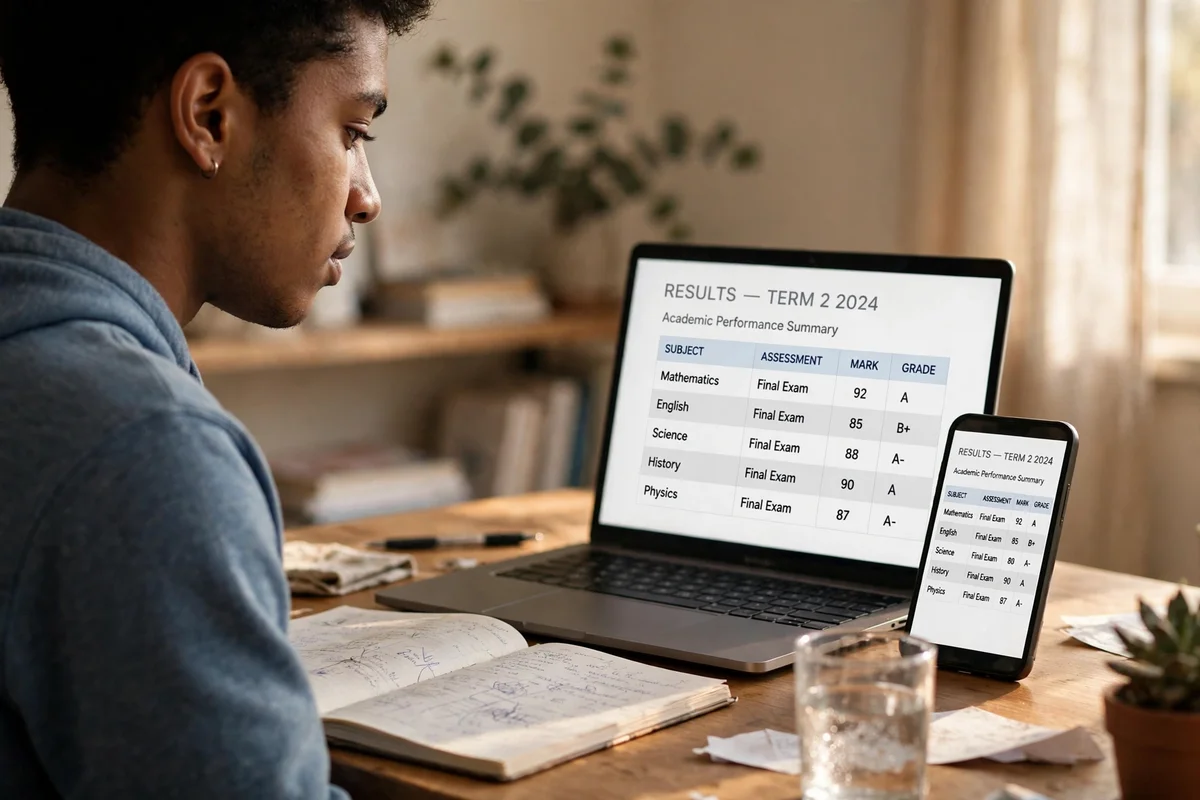 A student checking a results table on a laptop and phone