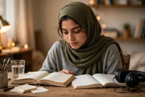 A young Pakistani student studying English with books and headphones at a desk