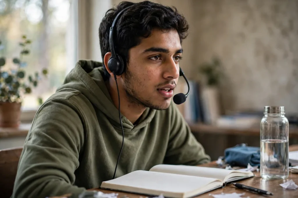 A young Pakistani student speaking into a headset microphone during language practice