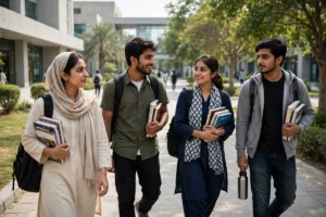 Young Pakistani university students walking on campus with books