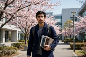 A young Pakistani male university student in a navy coat walking toward the camera on a modern Japanese university campus with cherry blossom trees