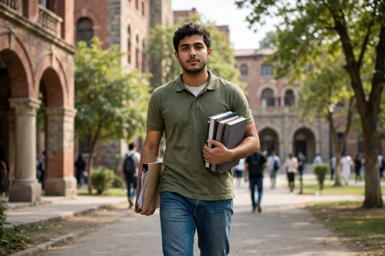 A young Pakistani university student walking on campus carrying books and a documents folder
