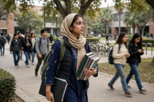 Pakistani university student walking on campus carrying books and a documents folder