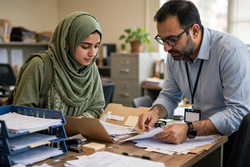 Pakistani university student and scholarship official going through application documents at a desk