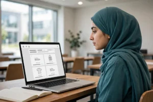 A young Pakistani woman student learning an eCommerce course on a laptop in a bright modern training room