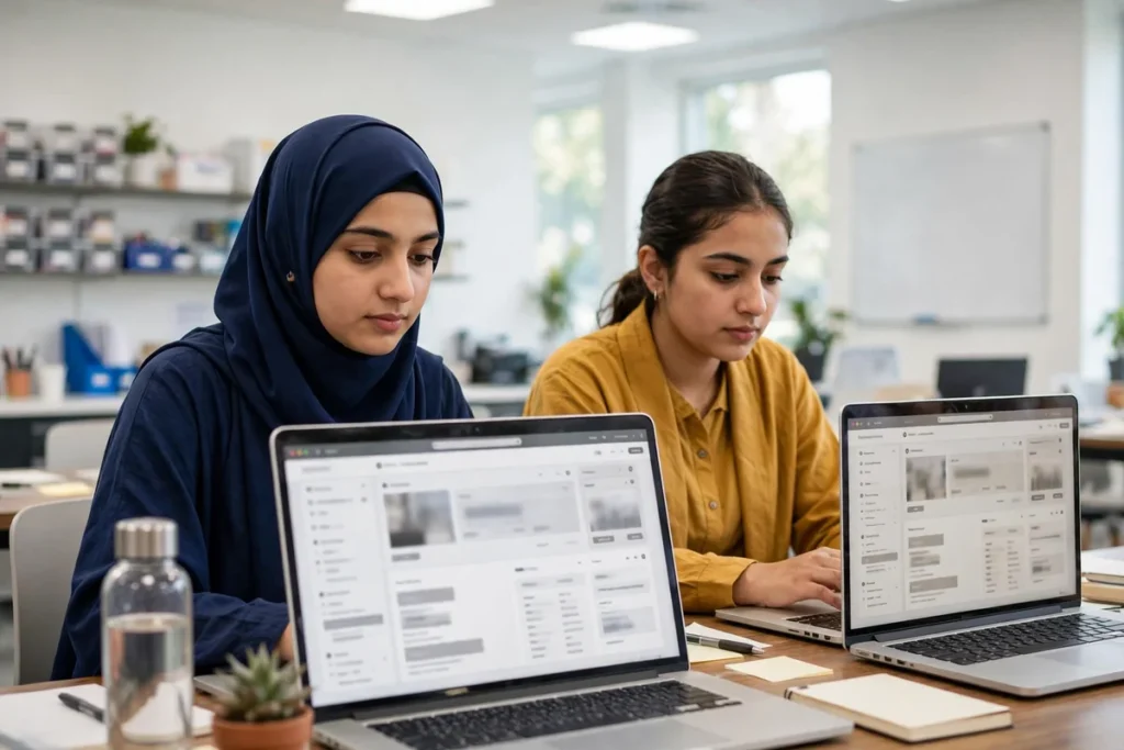 Two young Pakistani women trainees learning freelancing skills on laptops in a bright modern training lab