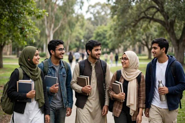 Pakistani university students walking on campus with books and backpacks